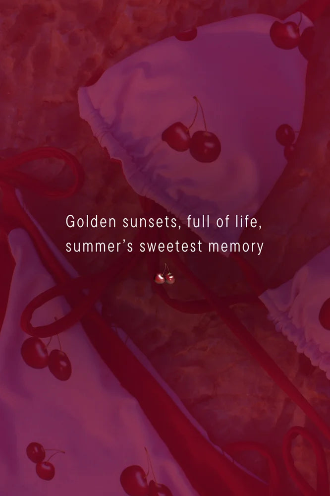Bikini with cherry on top against a red background with text overlay